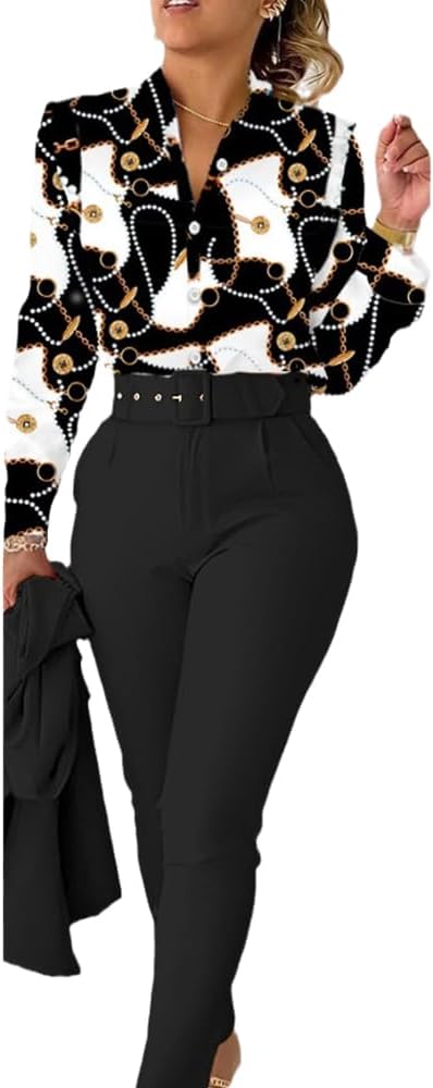 European Style Imported New Fashion Women Elegant Two Piece Set Summer Autumn Floral Print Shirt & High Waist Pencil Pants Set Office Lady Slim Suit Black Color